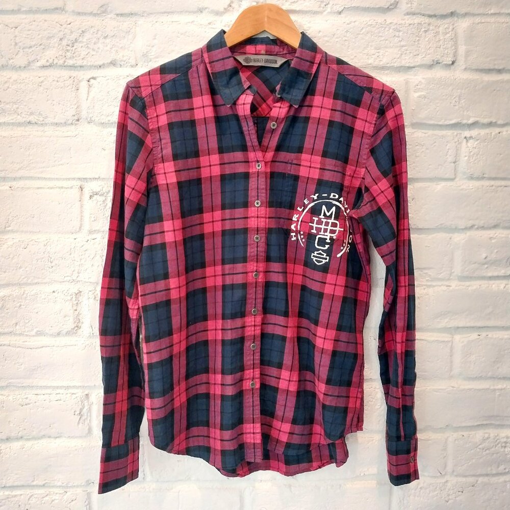 Harley Davidson Shirt Womens Small Pink Plaid HDMC Long Sleeve Button-up Cotton